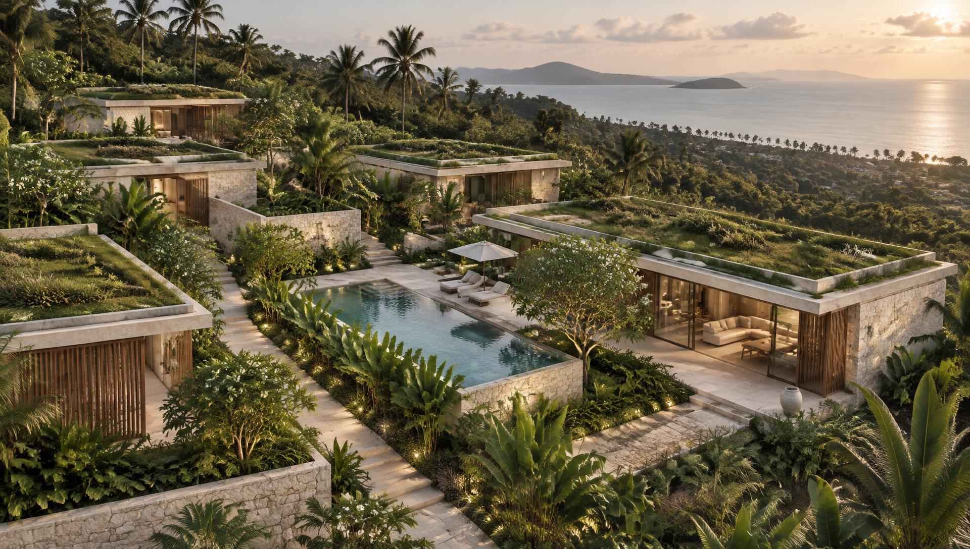 Concept visualisation: low-rise garden pavilions and a pool above the sea at Choeng Mon.