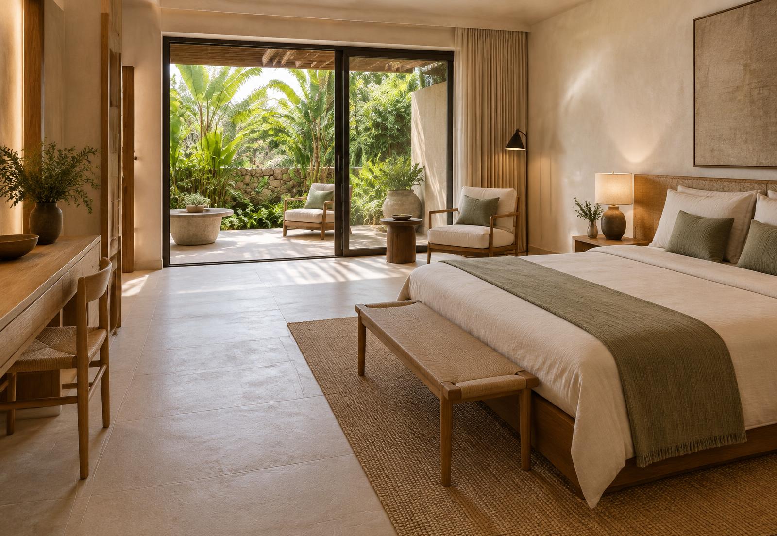 Concept visualisation of a private suite: bed, armchair, desk and sliding doors onto a garden terrace.