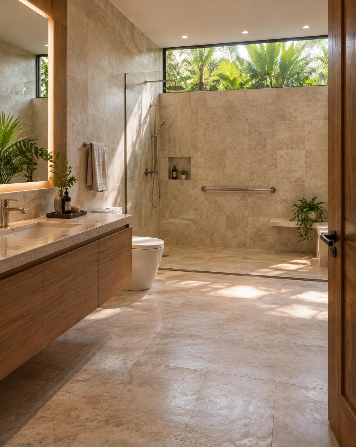 Concept visualisation of a private bathroom with a level-access shower, grab rail and wide circulation.